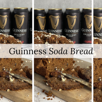 guinness soda bread on a wooden board with butter