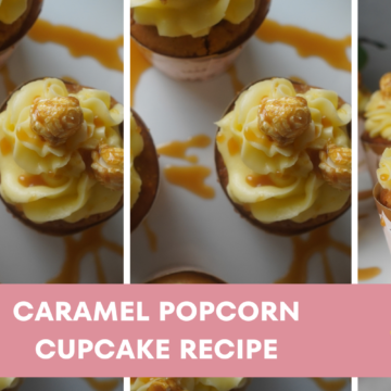 caramel popcorn cupcakes on a plate with caramel sauce