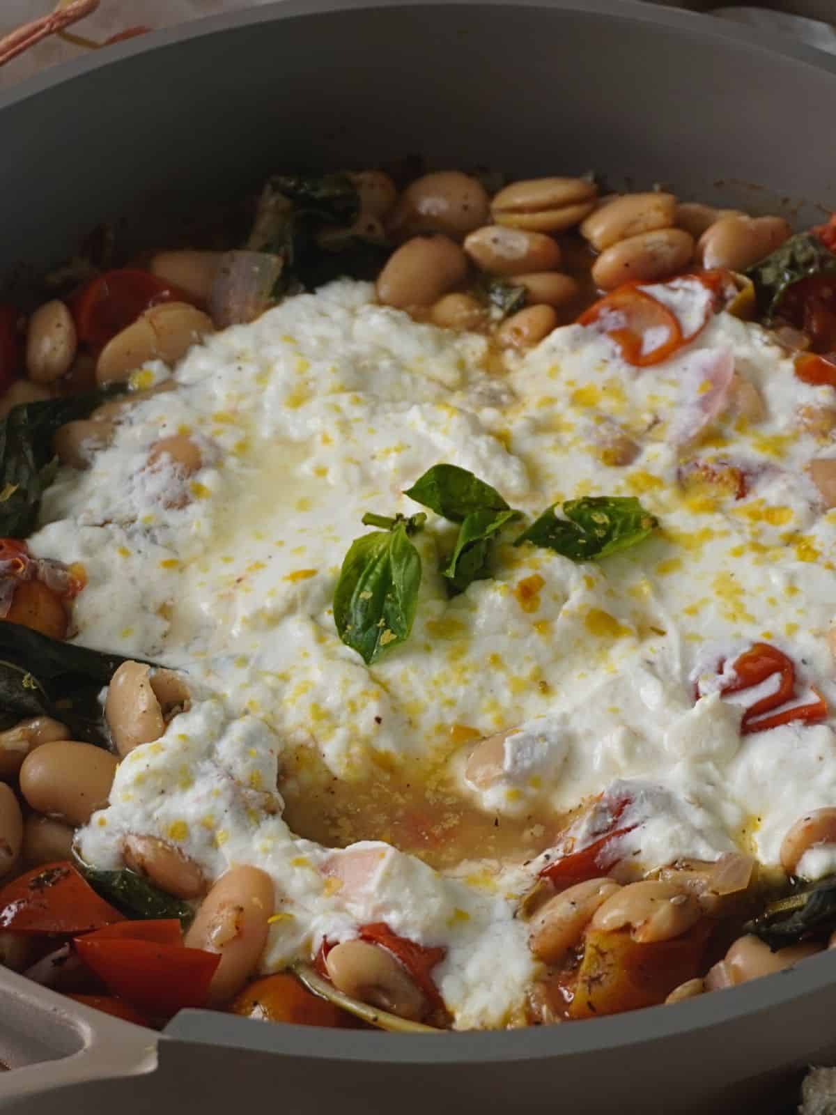 Cheesy white bean tomato bake close up
