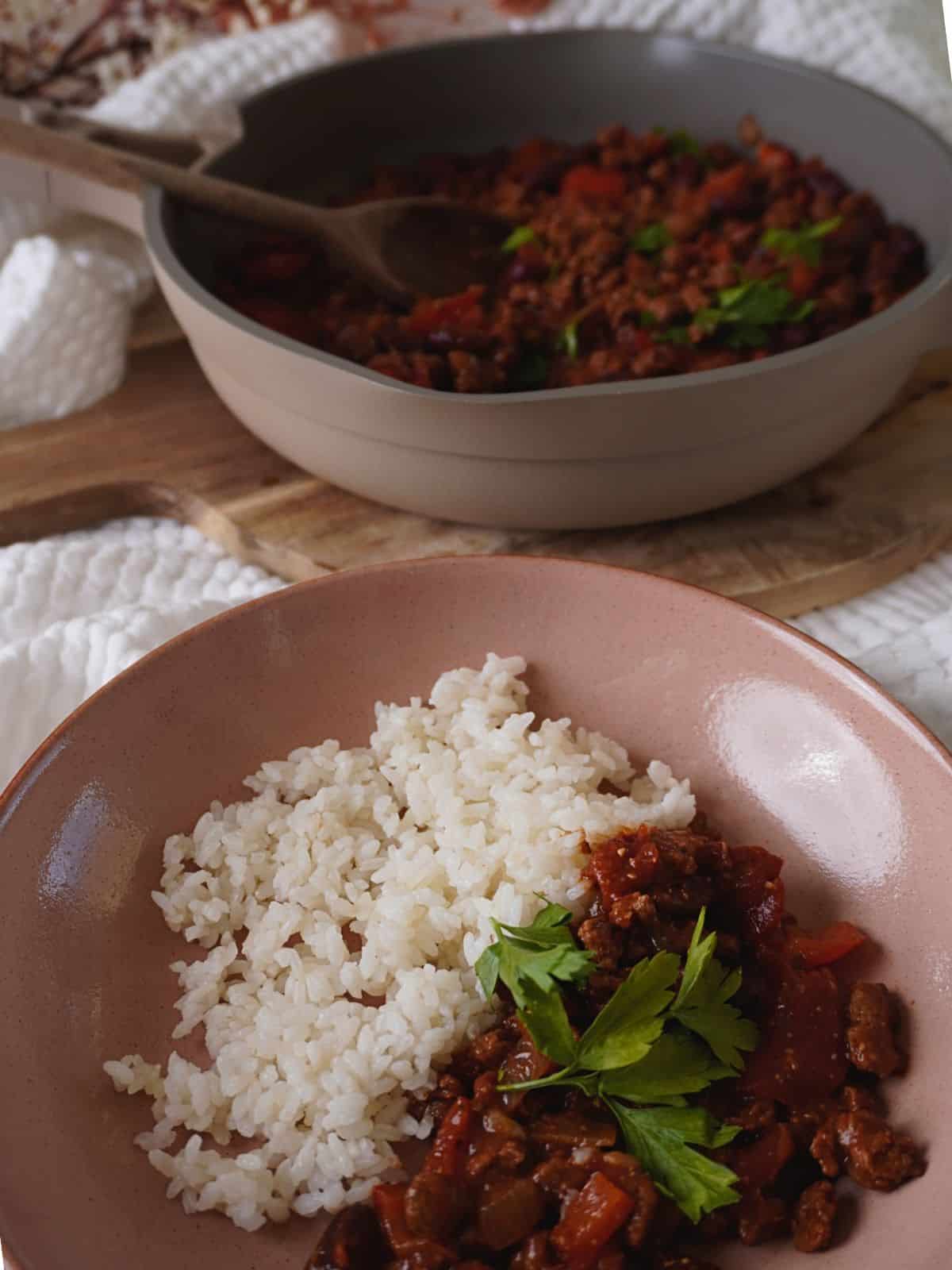 quorn chilli con carne served with rice