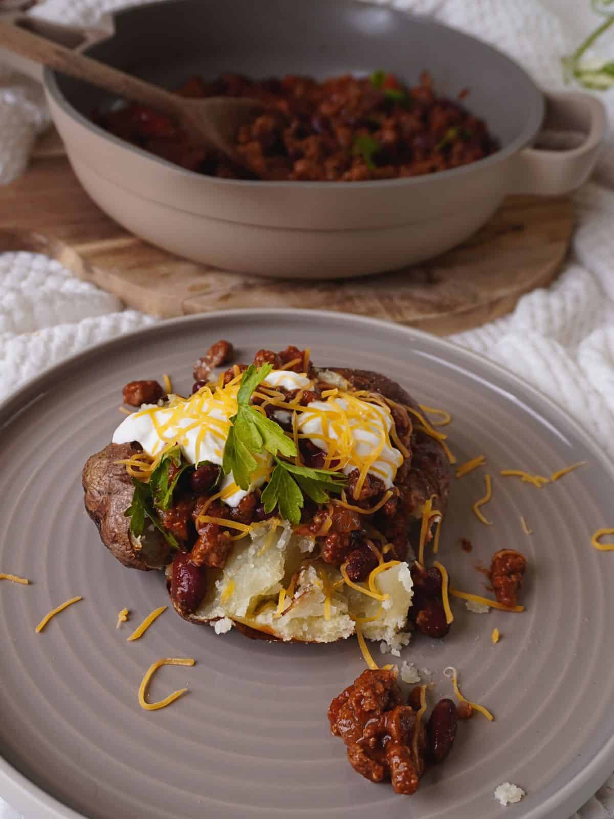 quorn chilli con carne served in a baked potato