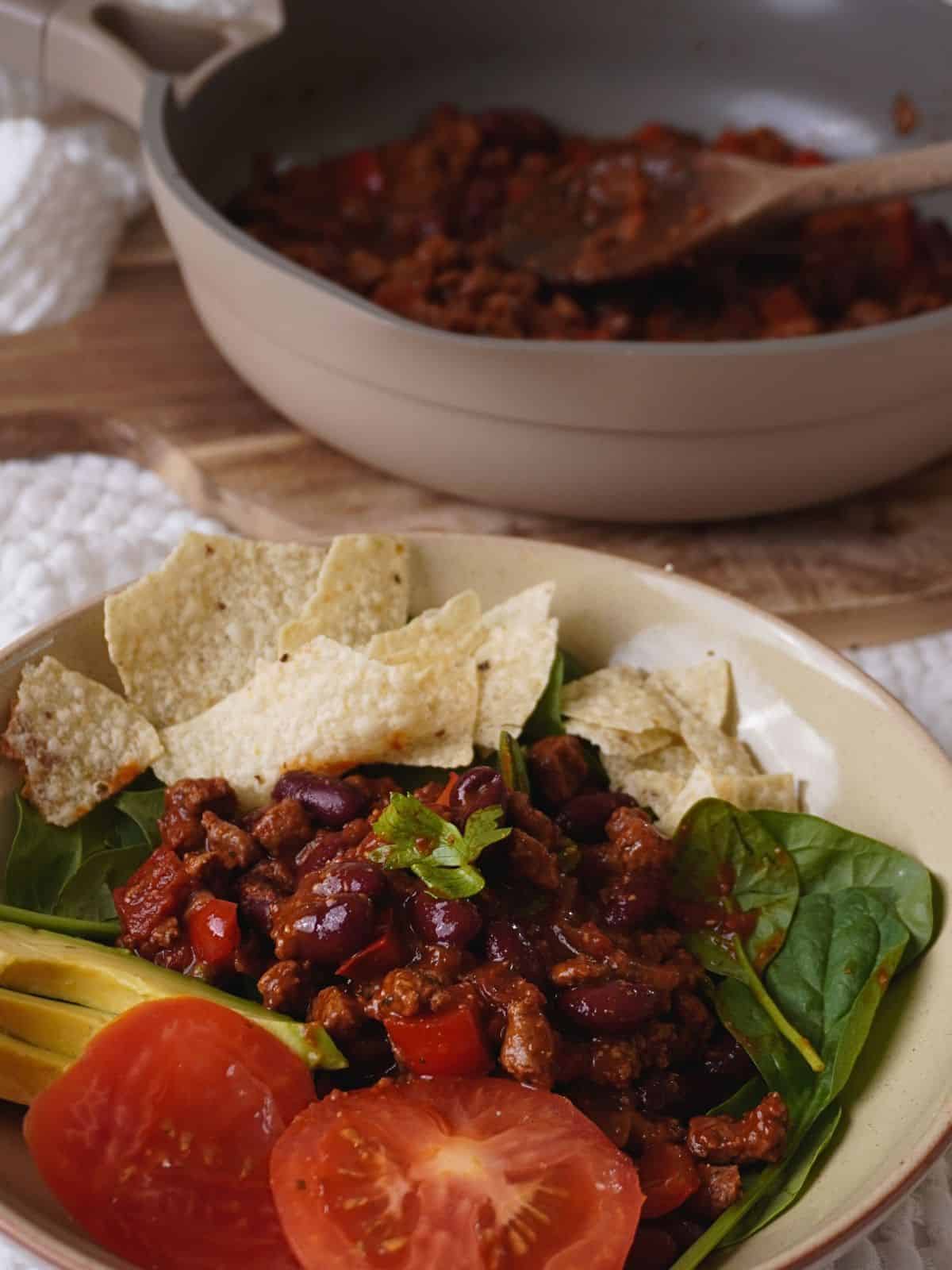 quorn chilli con carne served as a nacho salad