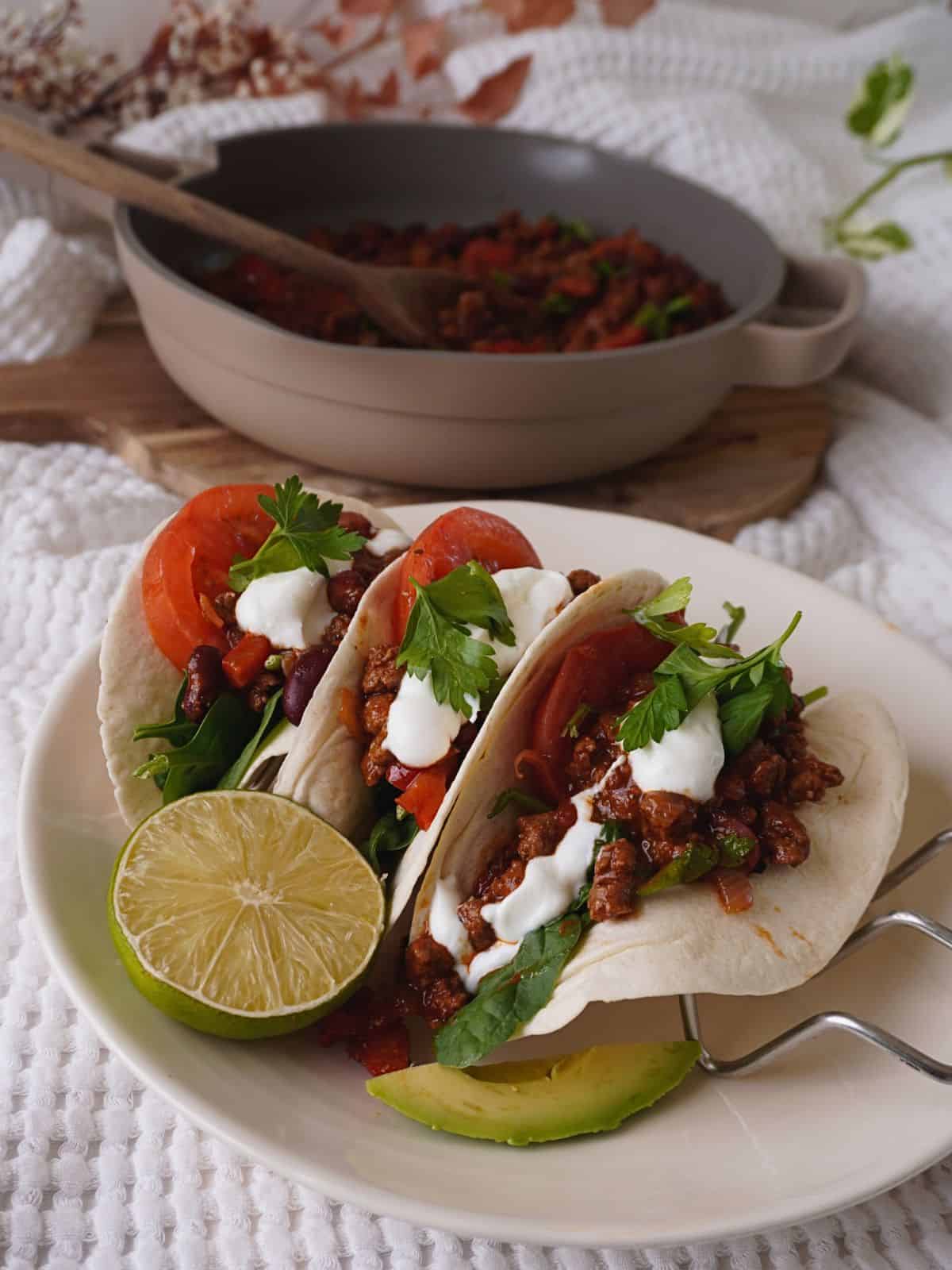 quorn chilli con carne served as tacos with sour cream