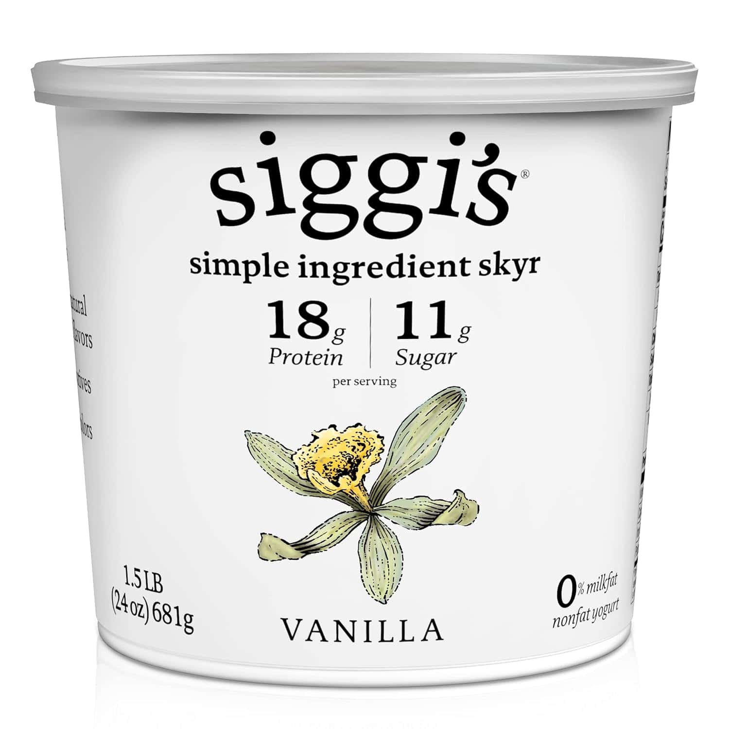 A siggis protein yogurt on a white background. 