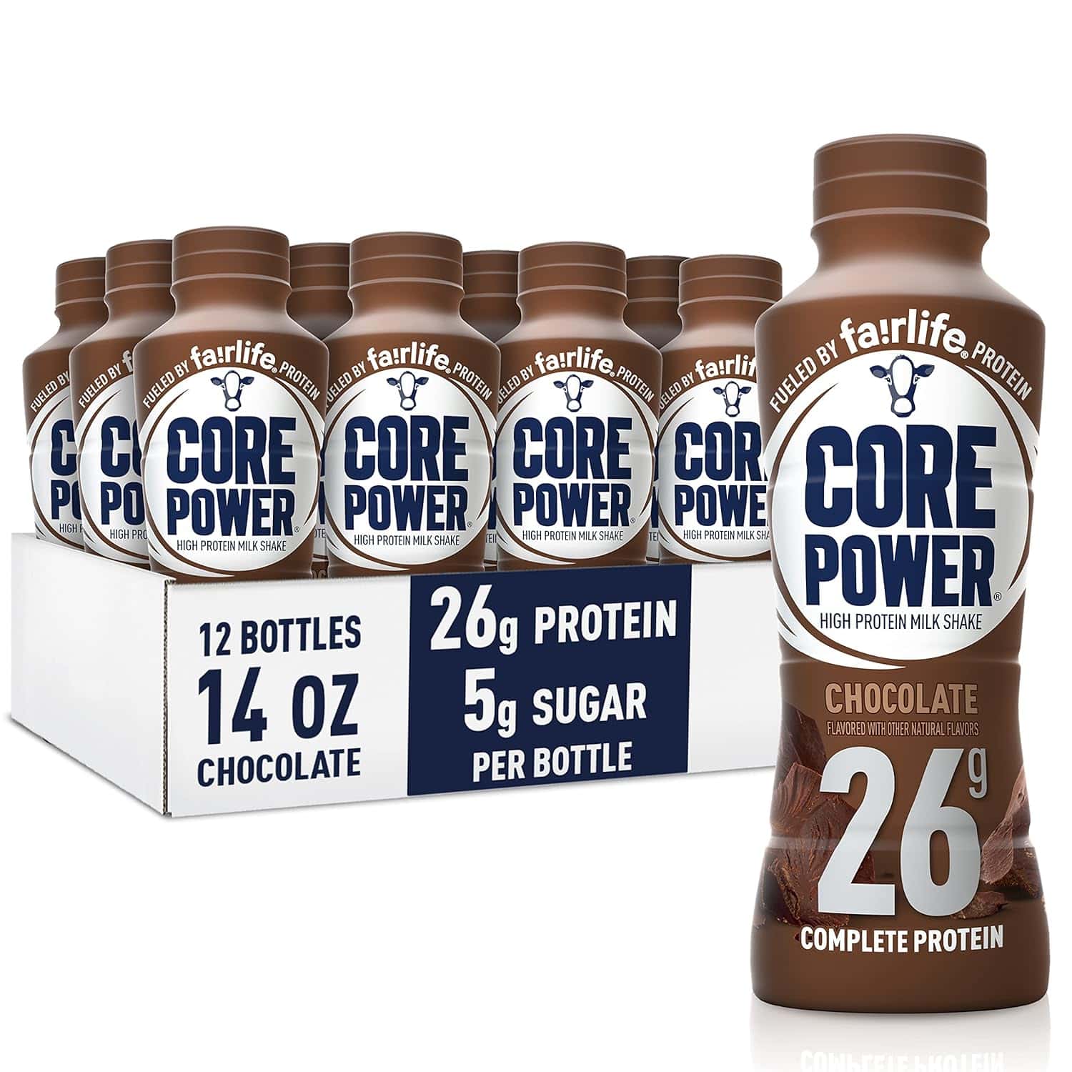 A core power protein drink on a white background. 