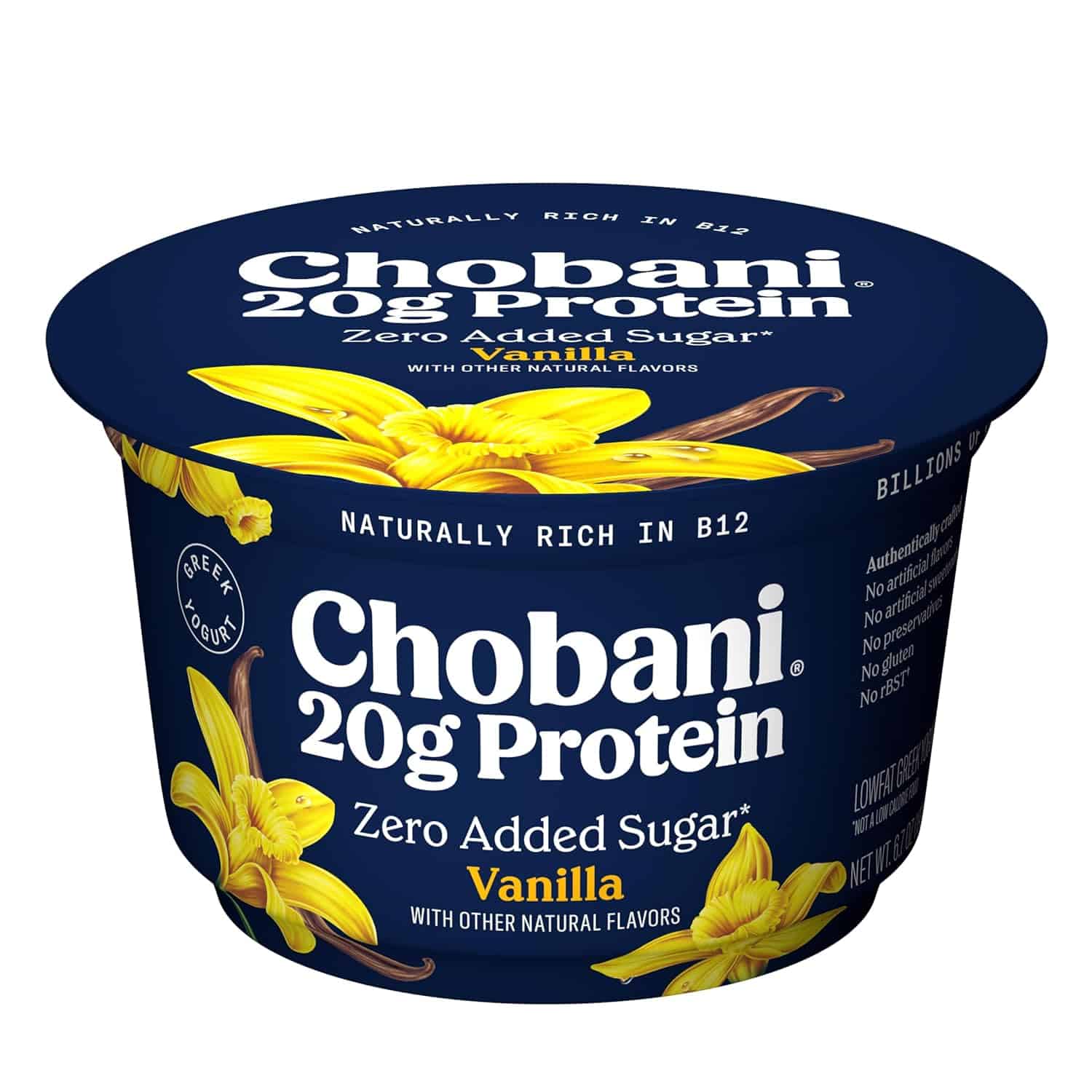 A Chobani protein yogurt on a white background. 