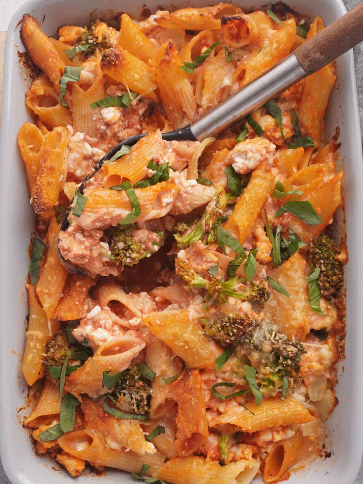 healthy cottage cheese pasta bake out of the oven