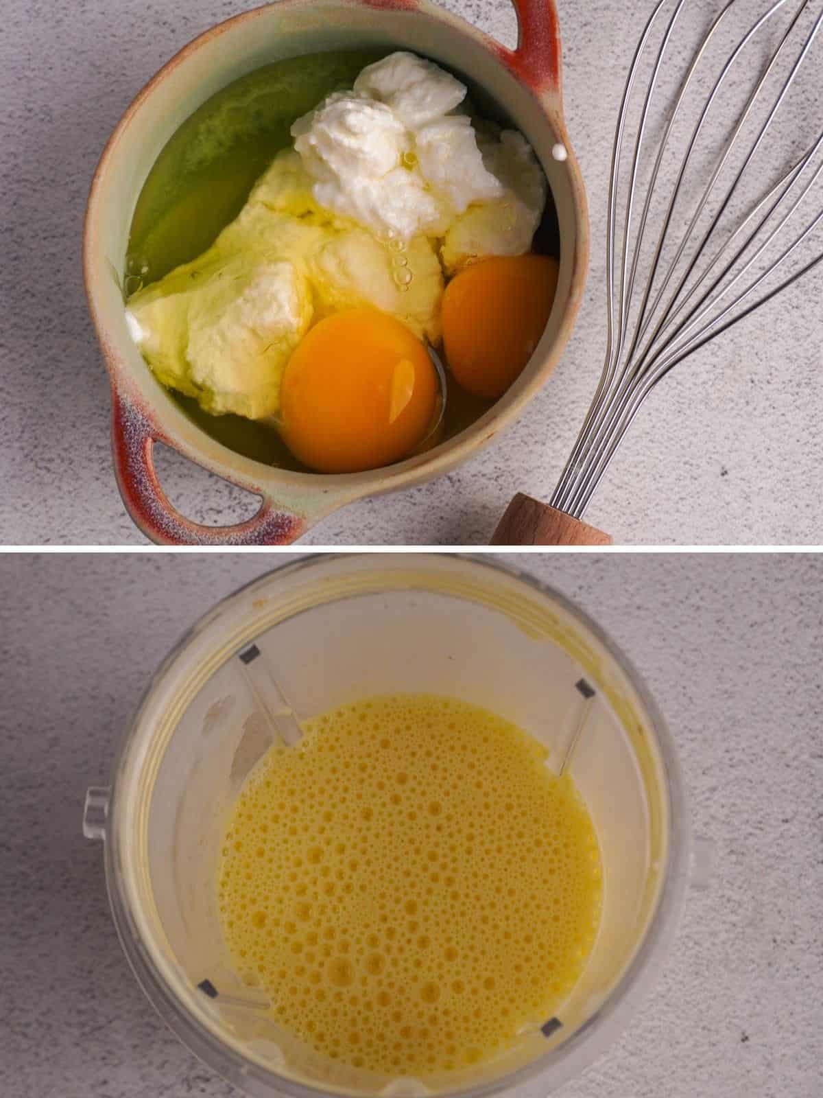 A collage of the wet ingredients mixed together. The picture on top shows them being whipped using a hand whisk and the bottom picture shows the wet ingredients combined in a blender. 