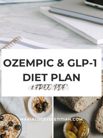 A picture of a notebook and healthy food with a text box overlaying it saying ozempic & glp-1 diet plan & free pdf.